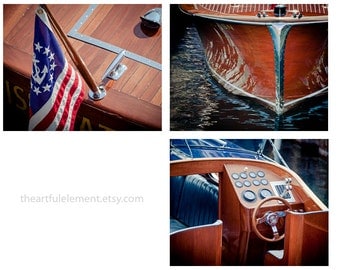 Nautical art, Coastal decor, Chris craft wall art, Wood Boat Photography, Set of 3 prints, Large boat art / Classic wood boat picture series