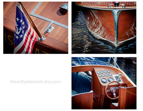 Nautical art, Coastal decor, Chris craft wall art, Wood Boat Photography, Set of 3 prints, Large boat art / Classic wood boat picture series