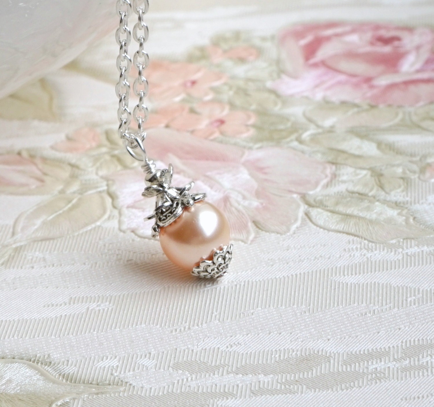 Peach Color Pearl Bridesmaid Necklace Peach Swarovski Pearl