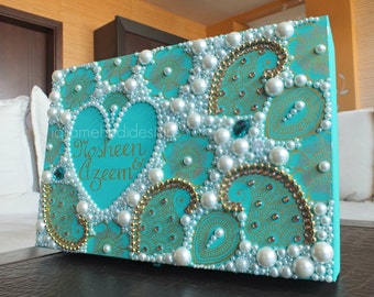 Teal & Gold Wedding Memory/Keepsake Box. Ivory Pearl, Gem, Beads. Bride Groom. Gift, Stationary Black
