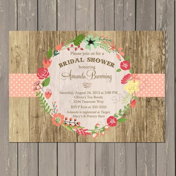 Rustic Bridal Shower Invitation, Floral Wreath Bridal Shower Invite, Pink Coral and Yellow Rustic Shower Invitation, Printable or Printed Il_570xn