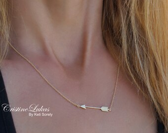 10K, 14K, 18K Solid Gold or Sterling Silver Sideways Arrow Necklace in Available in Yellow, White and Rose Gold - Dainty Arrow