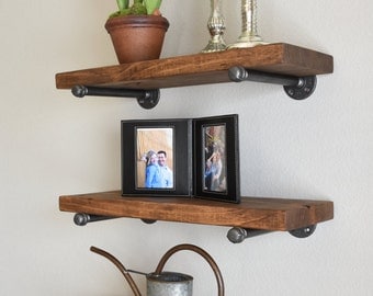 Set of 3 - 10" deep Floating shelves combo, Wood Industrial Pipe Shelves, Rustic Wall Shelves, Pipe Brackets Open Shelving