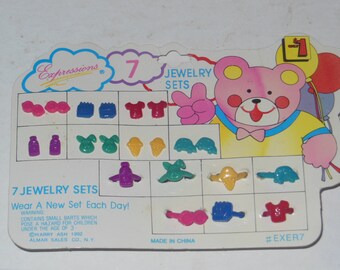 Vintage Fun Child's Expressions 7 Jewelry Sets in Original Packaging Earrings And Matching Rings Jewellery