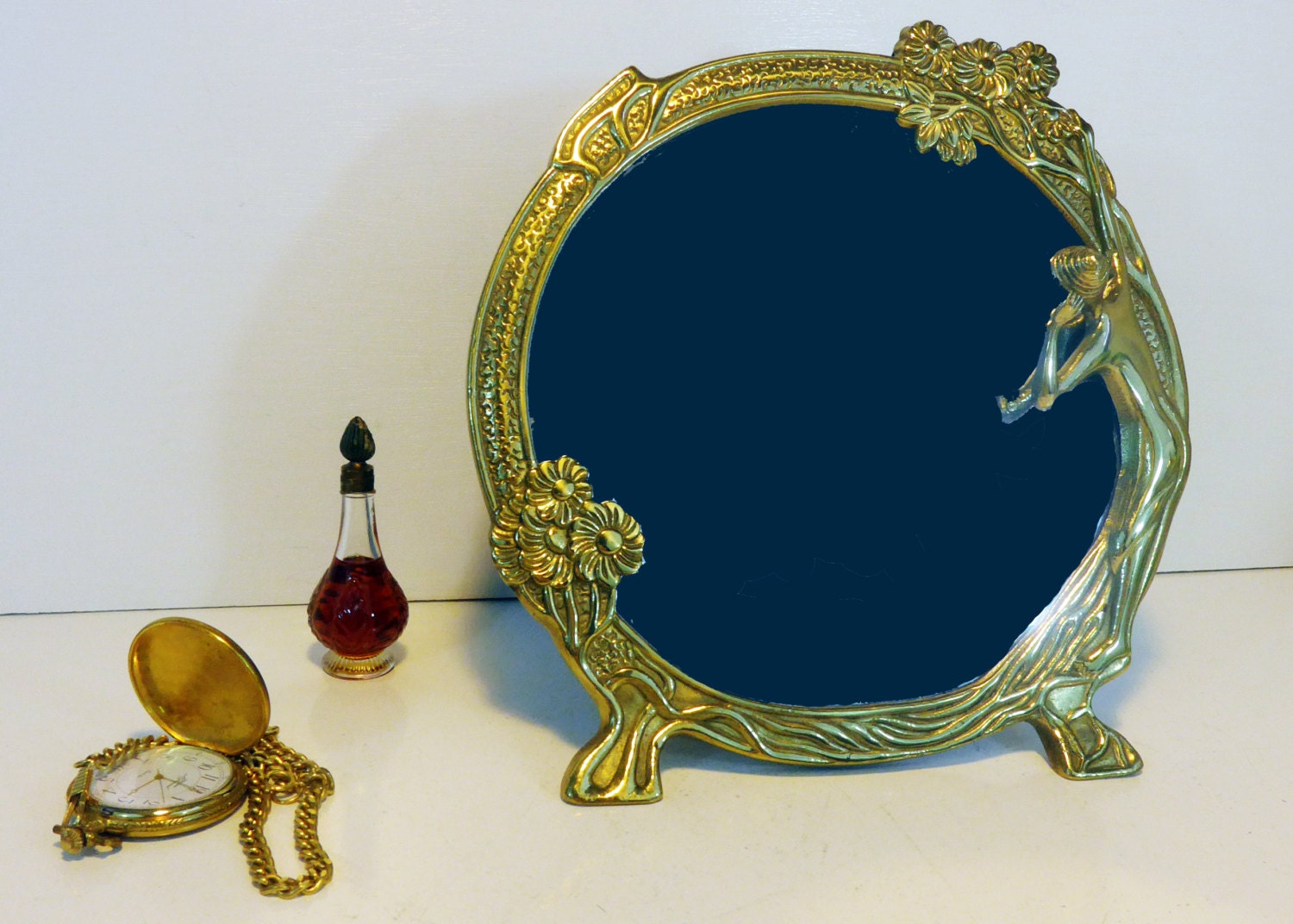 Vintage Reproduction Art Deco Brass Mirror Round Retro Table Mirror w