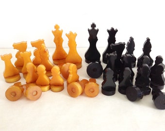 Art Deco Chess Set, Catalin Chess Pieces, Bakelite Butterscotch and Black