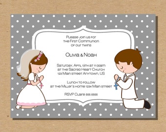 Twins First Communion Invitation Confirmation Invite Girl Boy Twin Invite Digital File