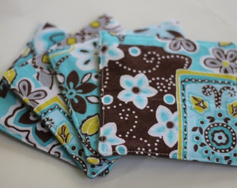 Aqua, brown and white floral fabric coaster set, set of 4 coasters,abstract floral coasters, hostess gift, housewarming gift