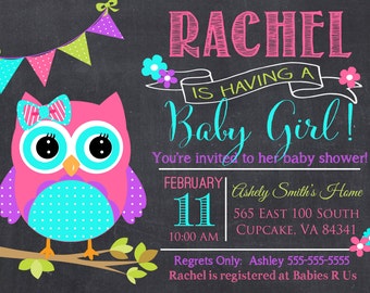Owl Baby Shower Invitation, Pink and Teal Owl Baby Shower Invitation, Digital File 5x7 or 4x6, Hoot Baby Shower Invitation