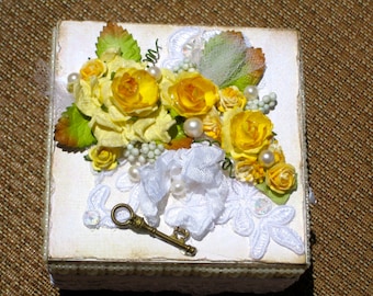 Altered Keepsake Wood Box Yellow Roses Vintage Laces and Pearls