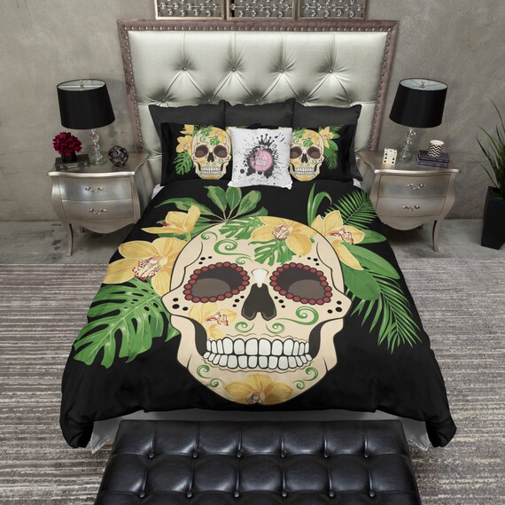 Featherweight Tropical Gold Flower Sugar Skull Bedding - Comforter Cover - Sugar Skull Duv <a href=