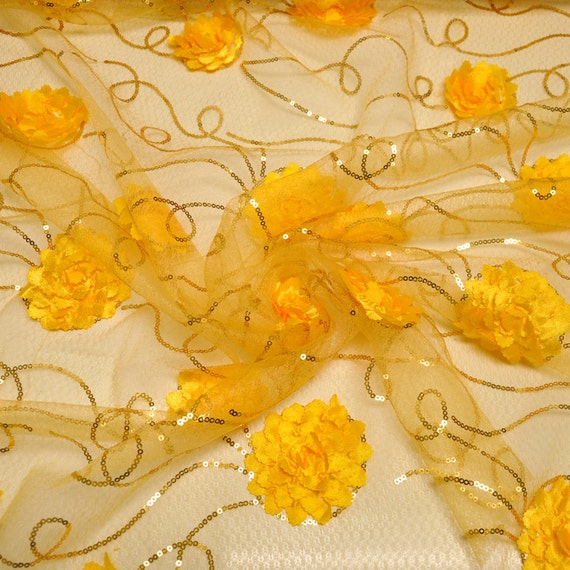 Yellow Embroidered Net Fabric with Flowers and Sequins Style