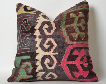 Kilim Pillows - 16x16 Ethnic Home Decor Cushion Cover Handwoven Tribal Anatolian Turkish Decorative Pillow For Couch Throw Pillow Pink Green