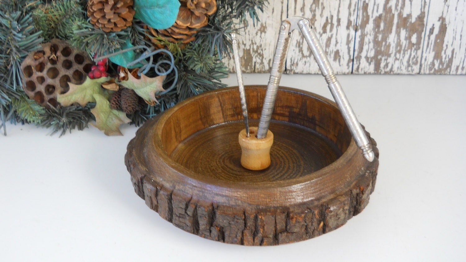 Mid Century HMQ Nutcracker and 2 Bars Wood with Bark Bowl Set of 4