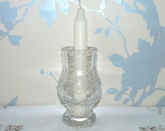 Crystal Glass Candle Votive, Candle Holder, Hurricane Lamp, Light Holder, Cut Glass, Etched Glass, Roses and Foliage Design, Hand Crafted,
