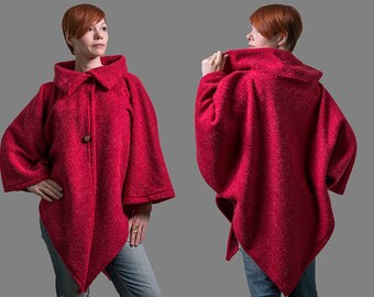 Women wool cape, open front wool coat, women loose wool cardigan,Rotes strick cape, Strickjacke, Sweater, Chunky wool sweater,Winterjacke