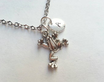Personalized Silver Frog Necklace, Initial, Handstamped