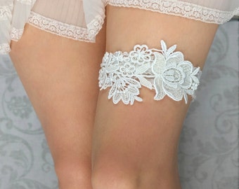 Ivory Lace Bridal Garter, Lace Wedding Garter, Elegant Garter, Garter Belt, Simple Garter, Bridal Shower Gift - Ivory or White - "Flora"
