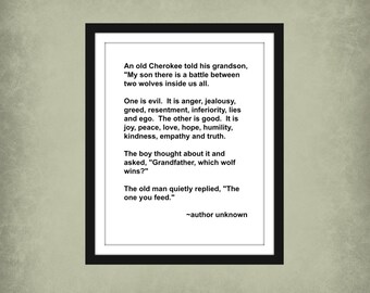 Instant Digital Download - Printable Wall Art - Battle of Two Wolves Inside, 11 x 14, 8 x 10, 5x7, Spiritual Sayings, Spiritual Wall Hanging