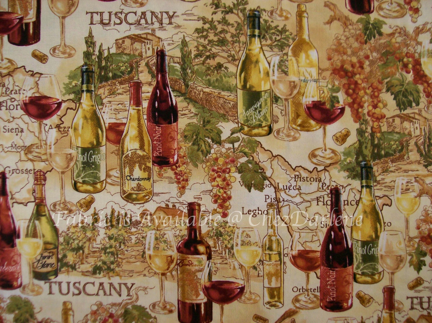 Cotton Fabric Italian Vineyard Scenes from Tuscany Wine