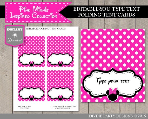 INSTANT DOWNLOAD Editable Hot Pink Mouse Printable Tent Cards / Place Cards / You Type / Hot Pink Mouse Collection / Item #1722 Il_570xn