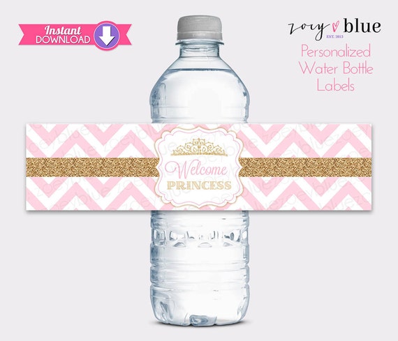 Princess Water Bottle Labels Pink Gold Baby Shower Water