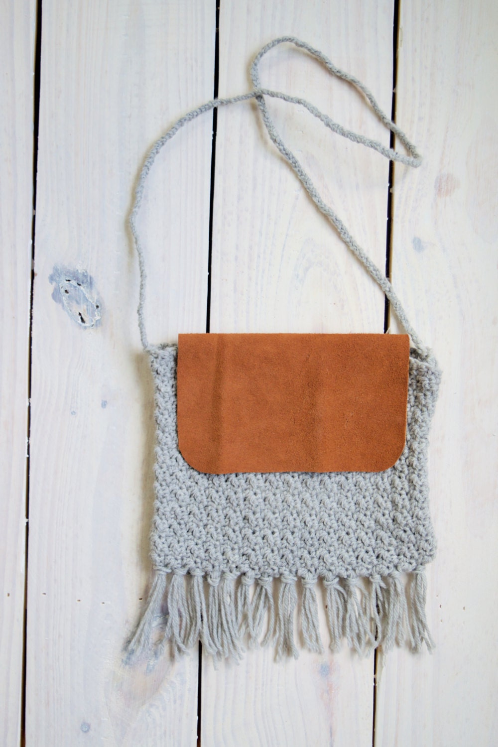 Gray Crochet Fringe Bag Boho Crochet by HandcraftedVintageCo