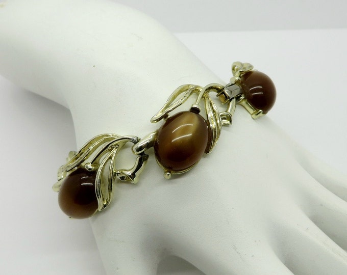 Vintage Lisner Moonglow Bracelet, Gold Tone Brown Moonglow Bracelet, Signed Designer Jewelry