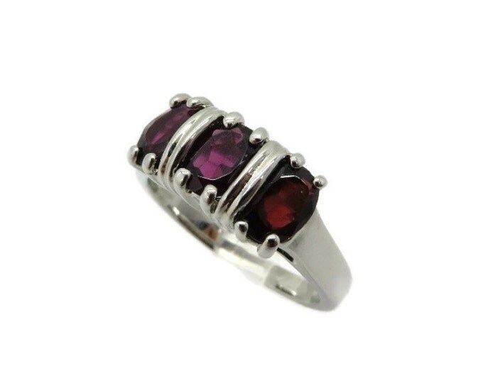 Vintage Faux Garnet Three Stone Sterling Siver Ring, Size 10