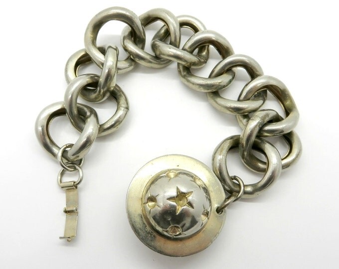 Celestial Ball Bracelet, Vintage Chunky Silvertone Link Bracelet