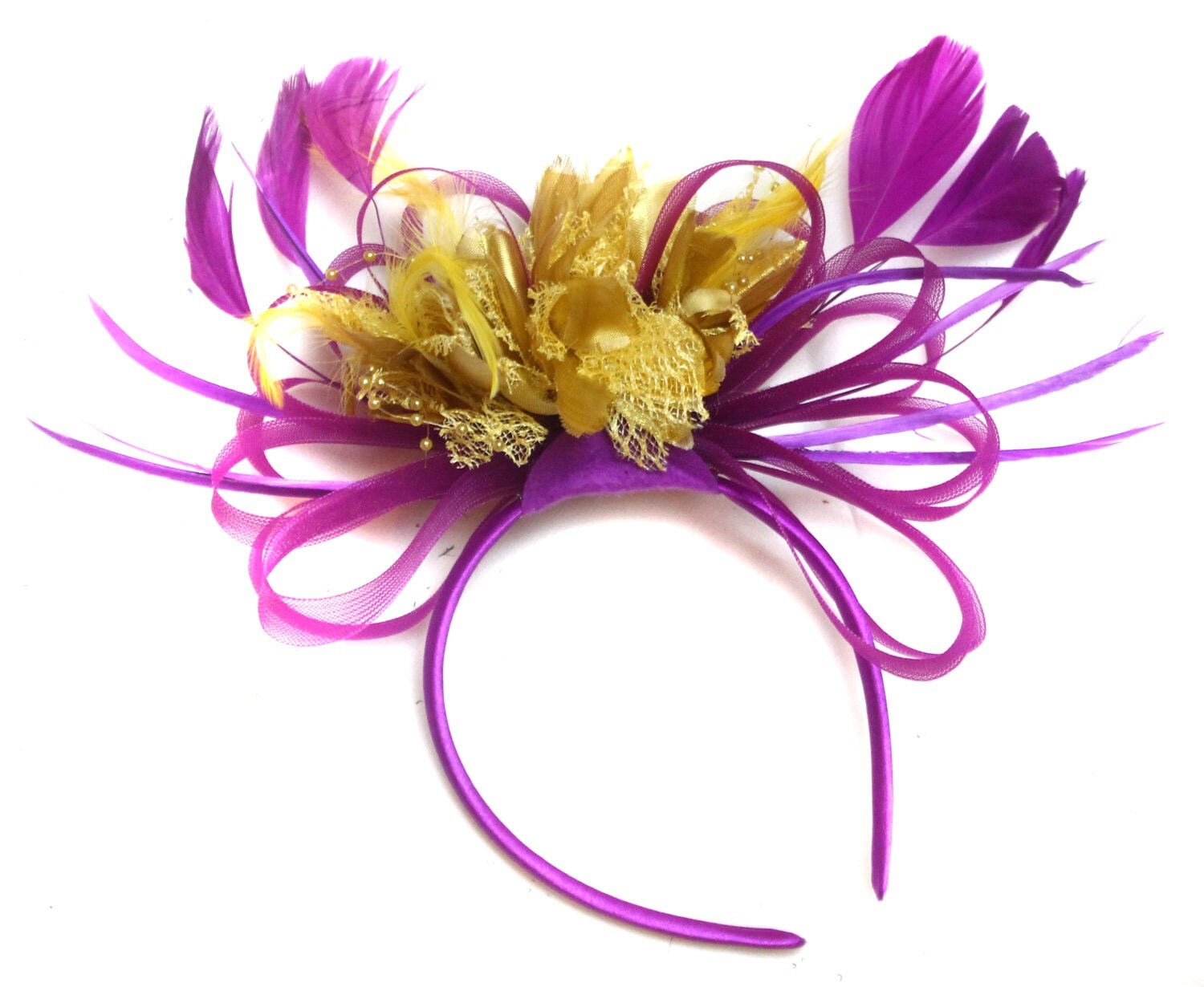 Plum Magenta and Gold Fascinator on Headband Alice Band UK