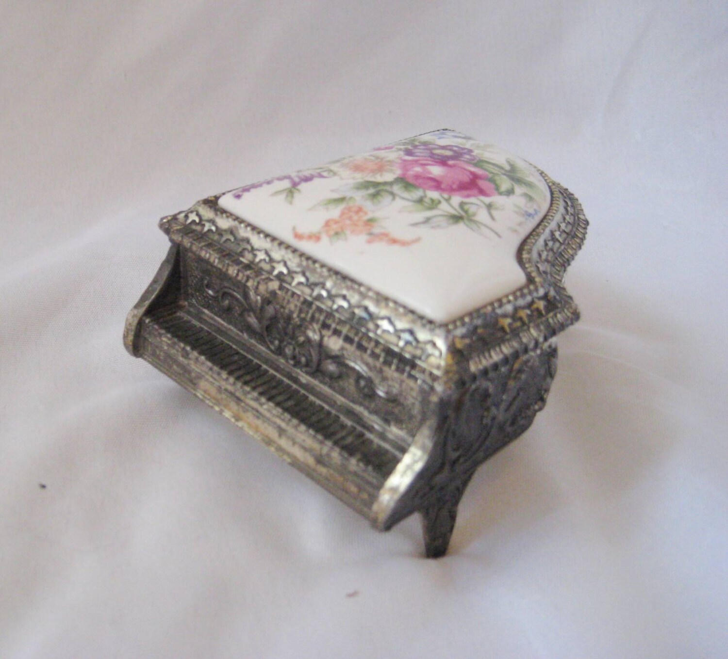 Metal piano box floral hinged lid decorative keepsake box