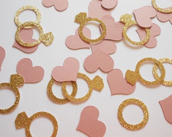 Bridal Shower Ring & Heart Confetti, Dusty Rose, Engagement Party Decoration, Wedding Confetti , Bachelorette, Glitter Gold Silver, 60 Ct.