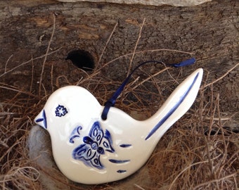 Handmade Ceramic Bird - Blue and White Wren with Butterfly