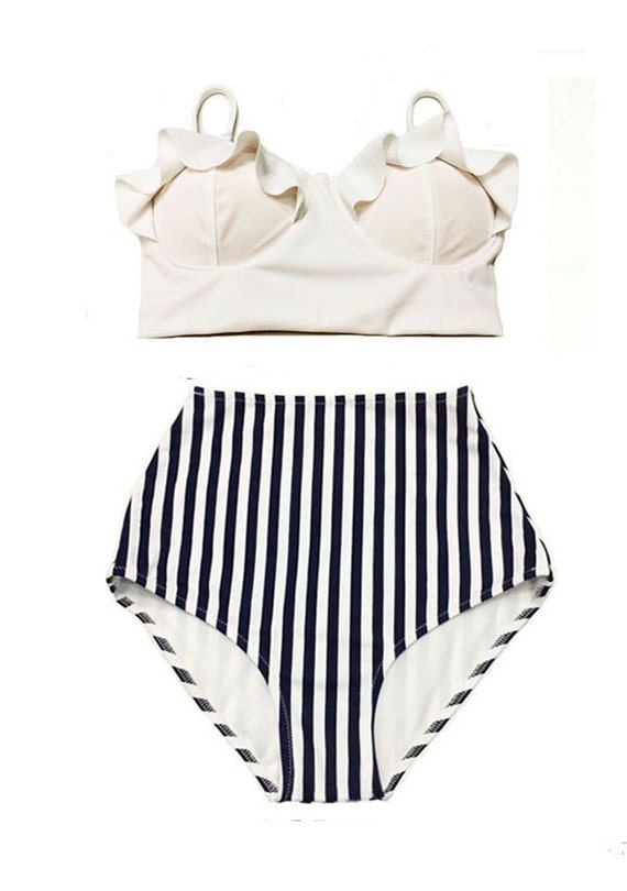 White Midkini Top and White/Dark Navy Blue Striped High waist
