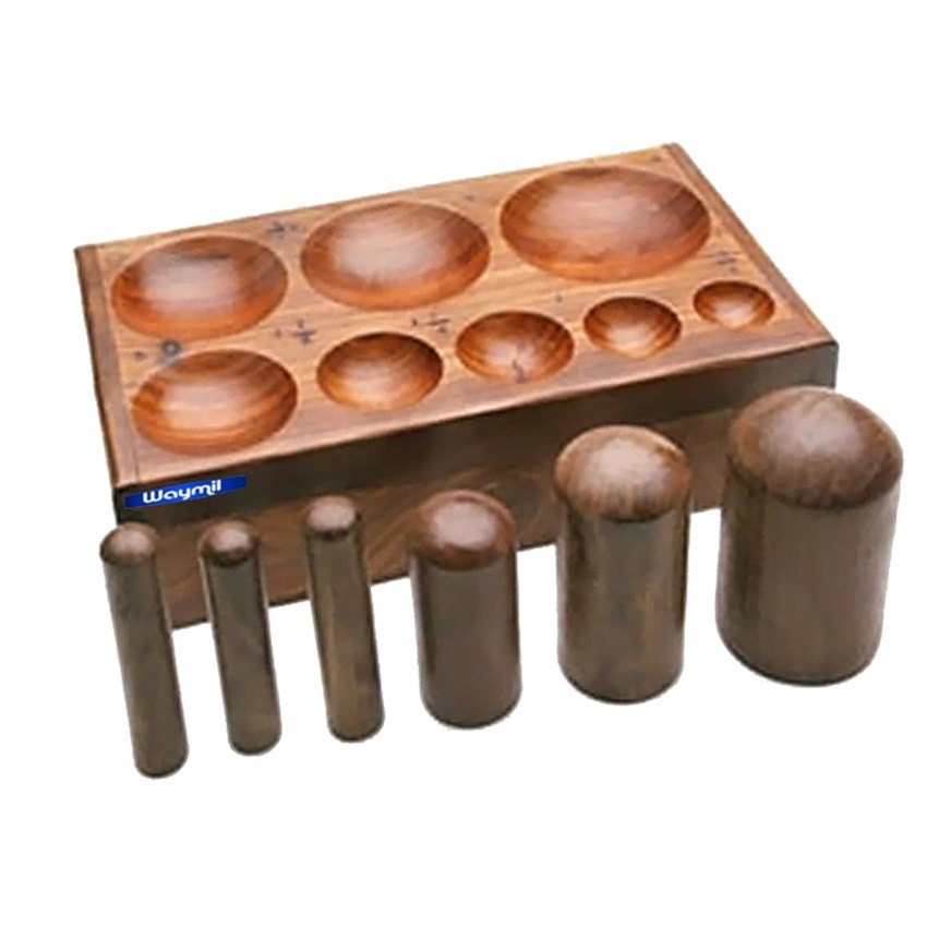 8 Pcs Large Wood Dapping Punch Set W/ Block Jewelry Metal