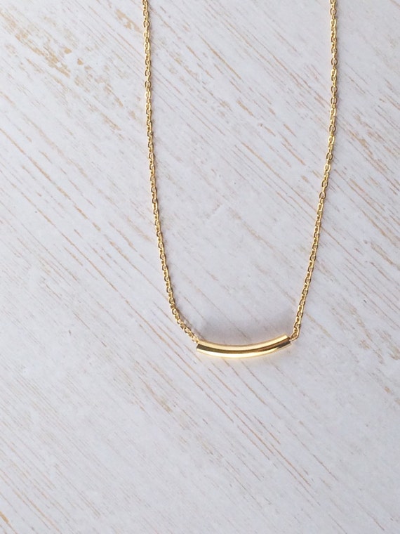 Delicate curved gold bar necklace gold chain small gold bar