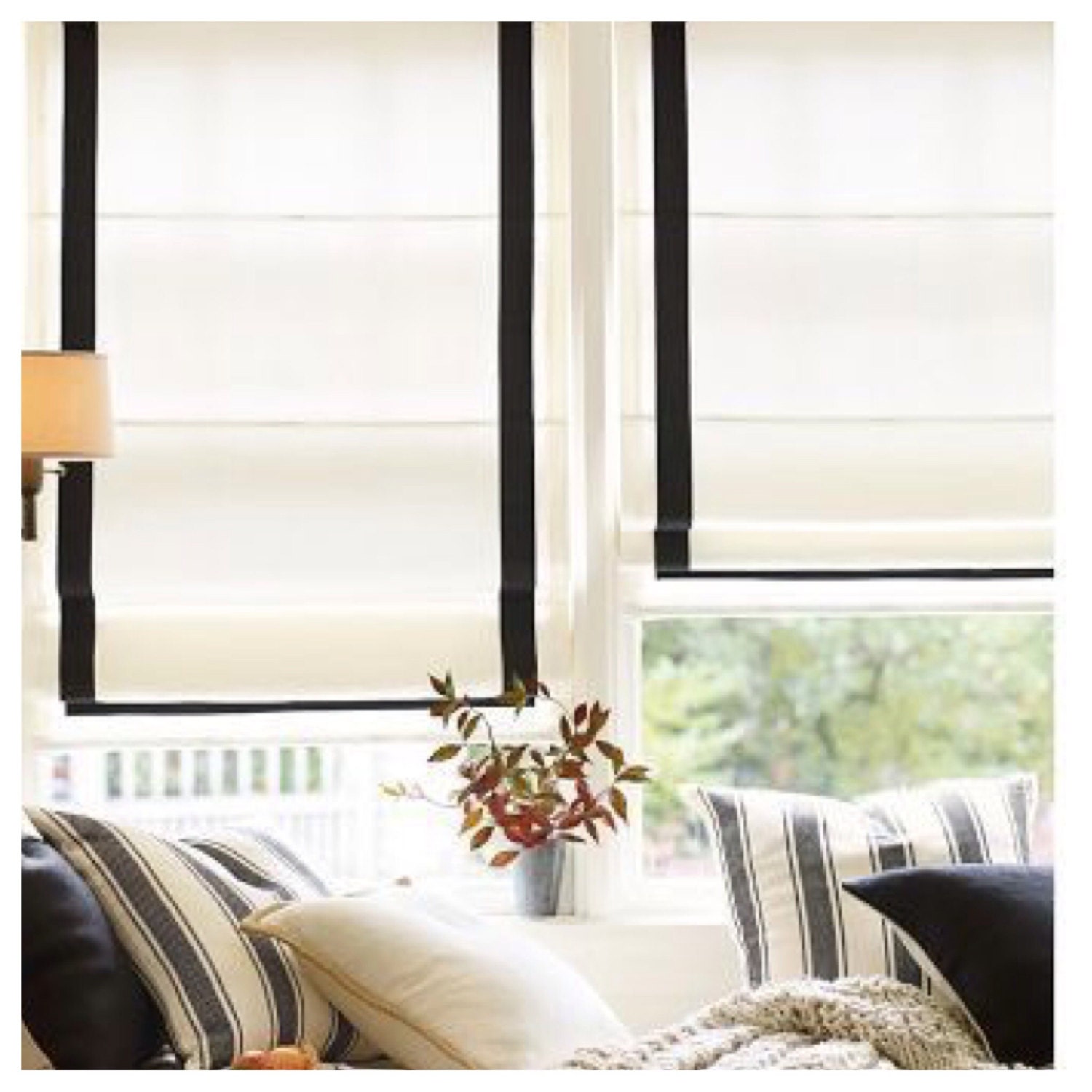 White Linen Flat Faux Roman Valances and Shades with Ribbon