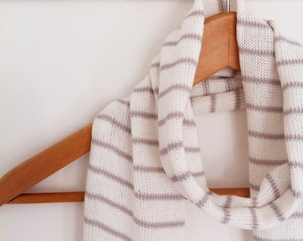 Striped cotton scarf, knitted scarf, grey and white scarf, nautical, spring scarf, striped scarf, handmade scarf