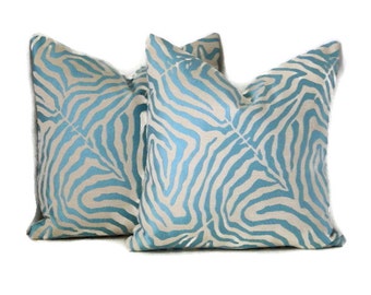 Zebra Print Pillow Cover- Blue Zebra Print-Blue and Ivory Zebra Print-Modern Animal Print Pillow Cover