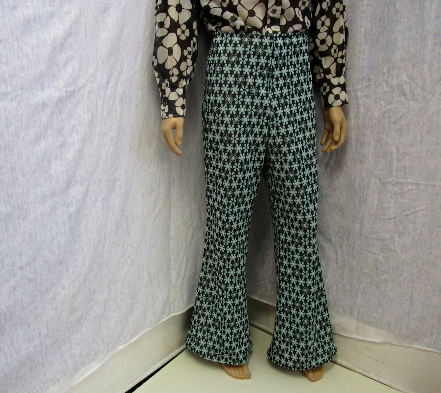 70s 36 Mens Polyester Bell Bottom Pants Disco Aqua Black