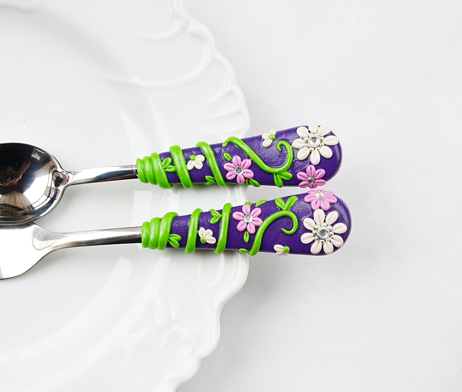 Purple Kids Spoon Fork Set Floral Gift for Girl Unique Cutlery
