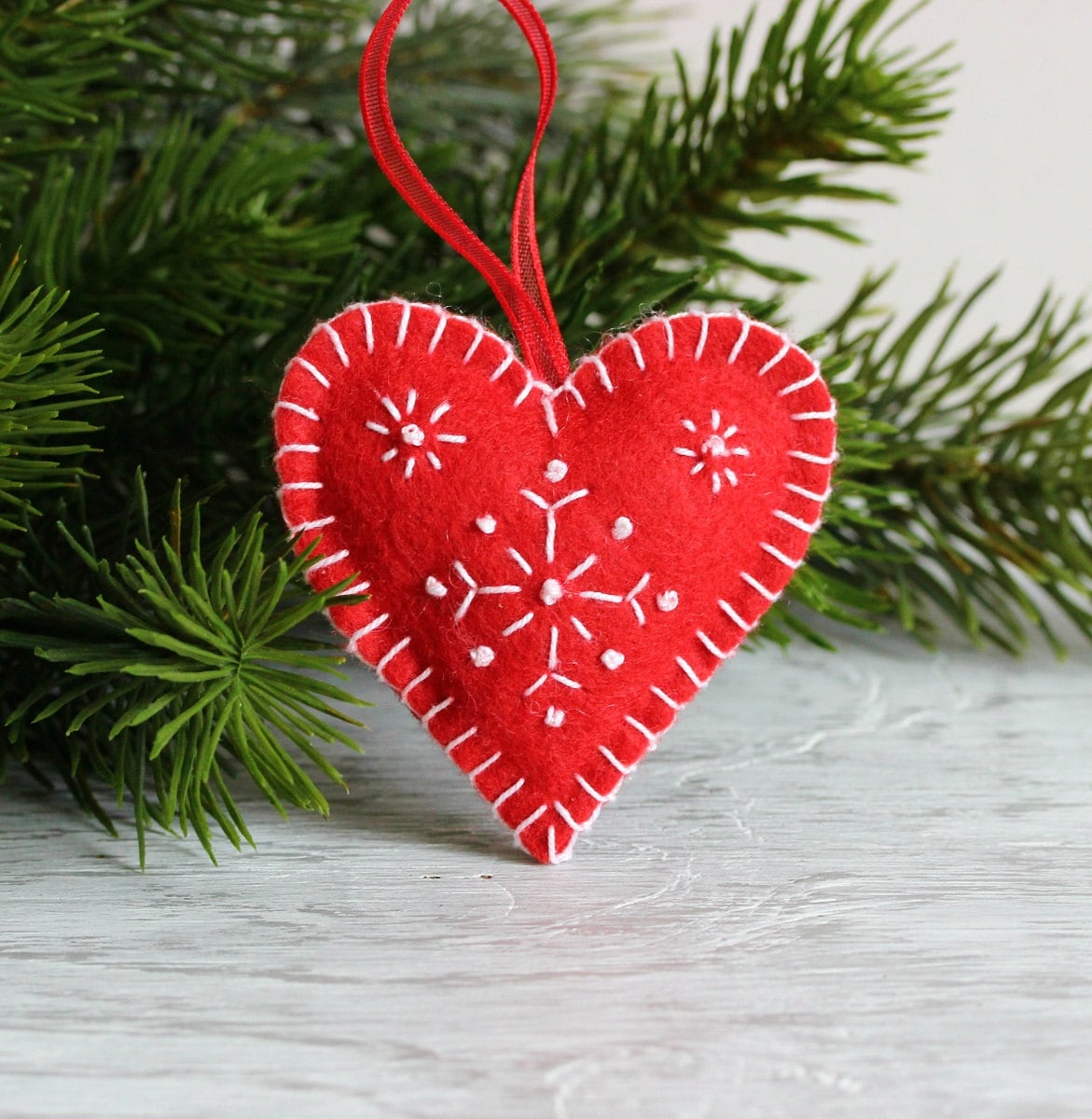 Red Felt Heart Christmas Ornament Red Heart Snowflakes