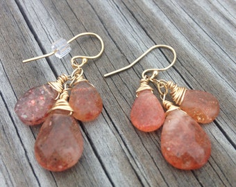 sunstone gold filled earrings faceted sunstone briolette and gold filled dangle earrings orange stone earrings orange crystal earrings