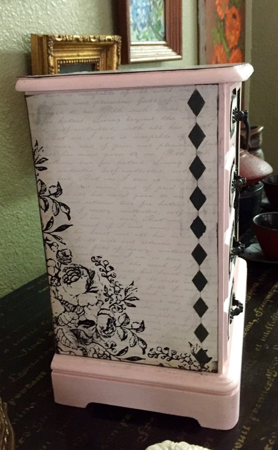 Vintage Jewelry Box Jewelry Armoire Pink and Black Jewelry