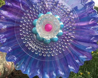 Blue onto You Recycled Vintage Glass Plate Garden Flower Art Sun Catcher