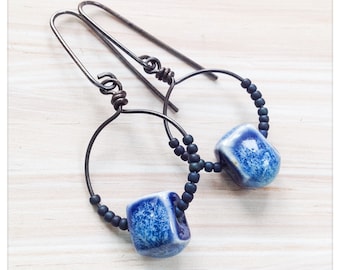 Blue ceramic hoops - antiqued copper hoops
