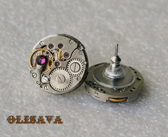 Steampunk Stud Earrings with Mechanical Watch Movement and Small Swarovski crystals , Steampunk Earrings , Steampunk jewelry by Olisava steampunk buy now online