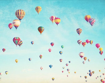 Hot Air Balloons Photo Print - blue sky, vintage, turquoise, baby nursery decor, happy, inspirational