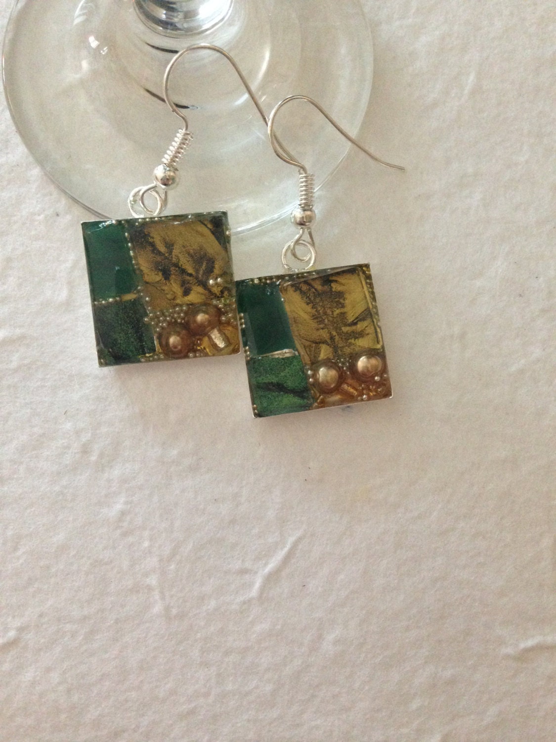 Mosaic stained glass earrings green and gold by MosaicPendantsPlus